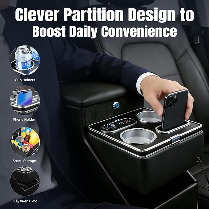 Vehicle Center Console Organizer with 7-Color Ambient Light - Lockable Floor Storage & Dual Cup Holders, Fits Minivans, SUVs & Vans 10.24 inch Wide