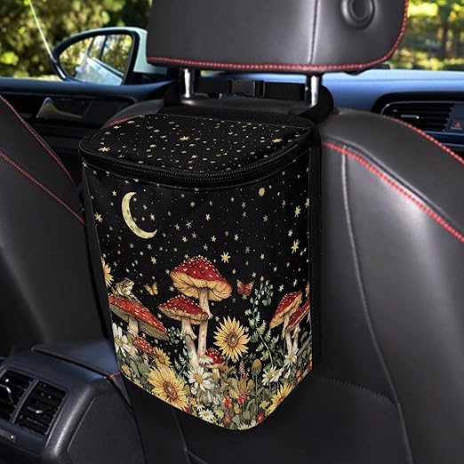 BIGCARJOB Mushroom Car Trash Can Bin for Back Seat, Portable Vehicle Trash Can with Mushroom Flower Print
