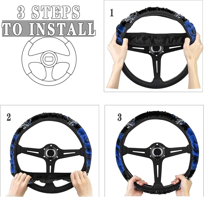 AFPANQZ Car Steering Wheel Covers Universal 15 inch Fit Almost Car Blue Rose Steering Wheel Covers Comfortable Soft Sweat Absorbing Steering Wheel Stretch-on Protector Cover Auto Decoration