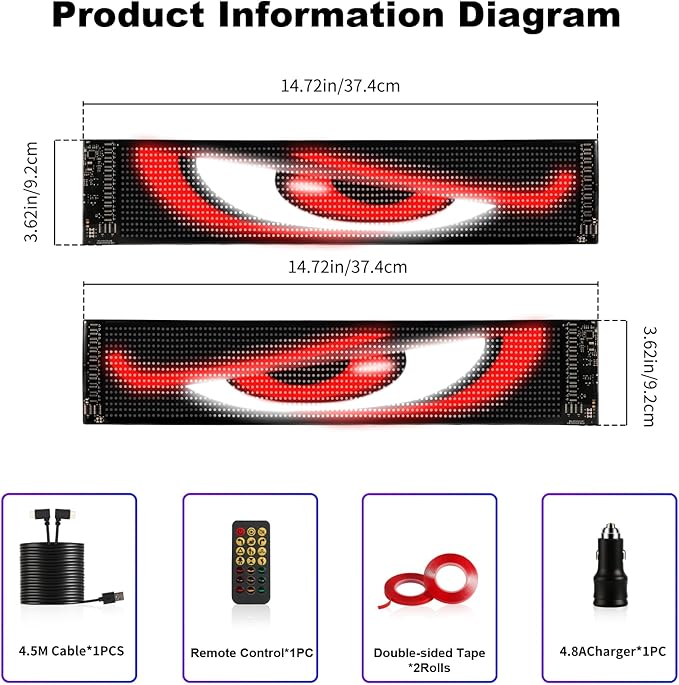 Devil Eyes Light for Cars (2-Pack) – 15''x4'' Dual LED Eyes for Car Windshield | Perfect Sync, Programmable Patterns, App/Remote Control | for Sedans, SUVs, Medium Trucks – Custom Dynamic Sign