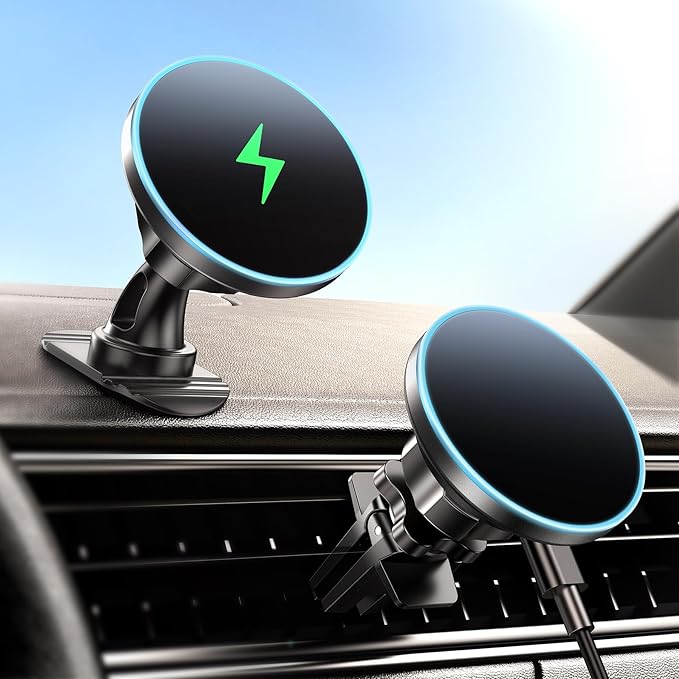 BHHB for Magsafe Car Mount Charger, [2026 Upgrade] 15W 2in1 Magnetic Wireless Car Charger, fits for Magsafe Car Charger, Vent/Dashboard Phone Holder for iPhone 17 16 15 14 13 12 Series(Cyan)