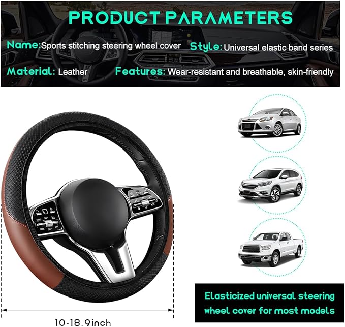 Car Steering Wheel Cover, 15 inch Carbon Fiber Microfiber Leather Elastic Steering Wheel Protector, Breathable Anti-Slip Comfortable Steering Wheel Covers for Most Cars (Black&Khaki, AD)