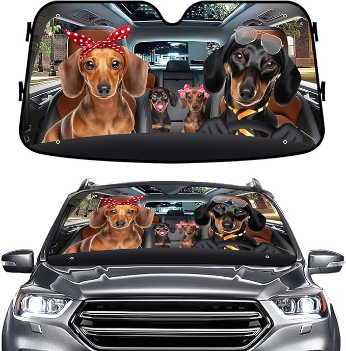 GENANY Cute Dachshund Dog Family Funny Windshield Sun Shade for Car SUV Truck (55x30 Inches), Sun Shade Windshield, Protector Blocks UV, Spring Car Decor