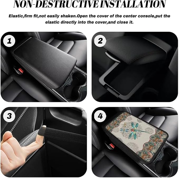 Dragonfly and Boho Mandala Print Car Center Console Cover Wear-Resistan Car Armrest Cover Cushion Lightweight Car Armrest Seat Box Cover Cushion Car Decoration Accessories