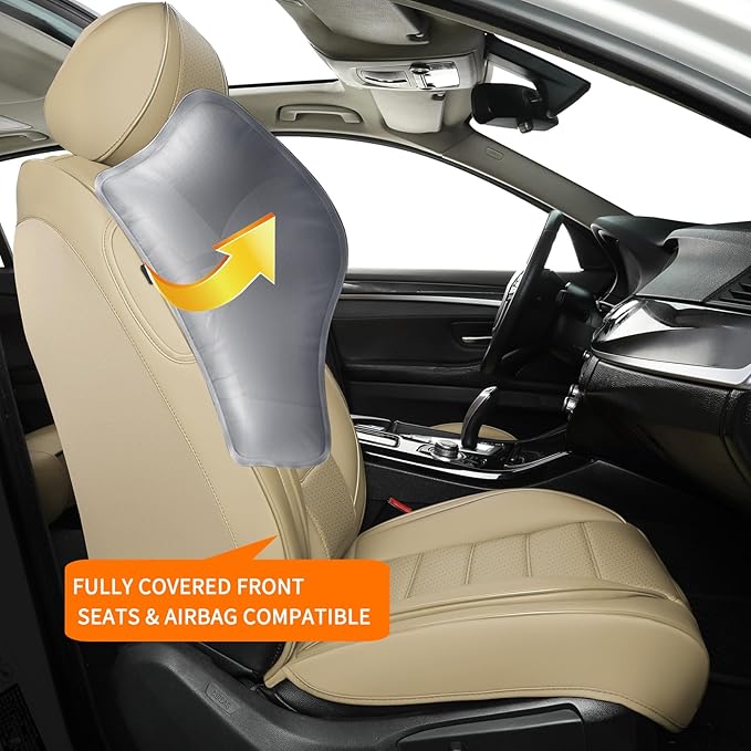 Car Seat Covers Full Set, 5Pcs Universal Leather Seat Covers for Cars, Waterproof Front and Rear Seat Covers, Breathable Automotive Seat Cover for Most Sedans, Trucks, SUVs, Beige