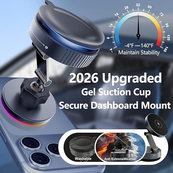 for MagSafe Car Mount Charger, 15W Wireless Car Charger Mount, Vacuum Suction Cup Magnetic Car Phone Holder for iPhone & Android, 360° Adjustable Car Phone Mount for Dashboard & Windshield