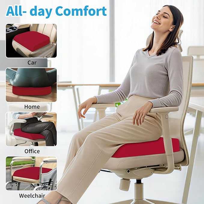 XLarge Seat Cushion, Memory Foam Cushion for Long Sitting Hours on Office Chair, Home & Car, Non-Slip Chair Pad for Relieving Back & Sciatica & Hip & Coccyx Pain (Red)