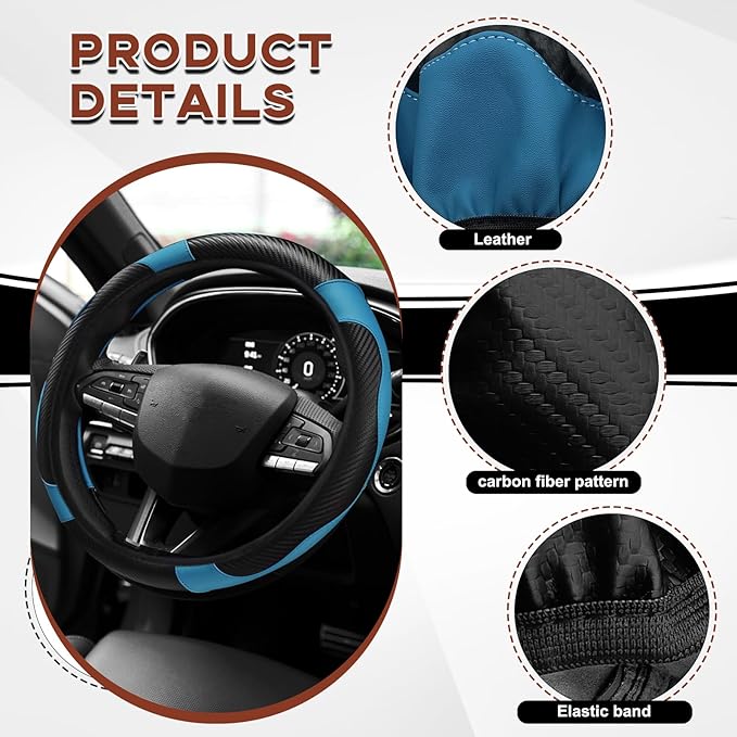 15" Car Steering Wheel Cover, Carbon Fiber Leather Stitching Elastic Steering Wheel Protector, Anti-Slip/Breathable/Durable/Soft, Interior Accessories for Most Cars (Carbon Fiber Black+Blue)