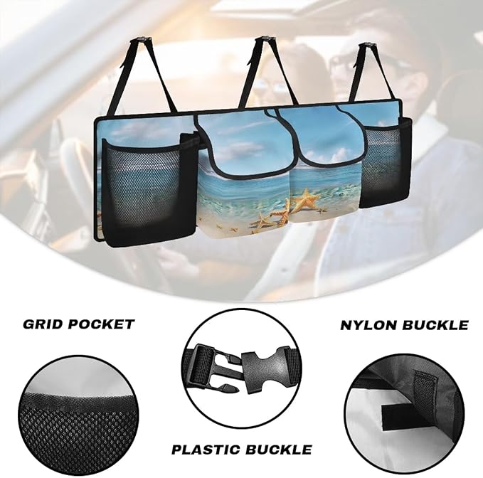 Beach Sea Starfish Trunk Organizer for Car Large Capacity Car Organizer, Foldable Trunk organizer for SUVs & Sedans, Space Saving Car Organization for Car Accessories, Tools, Sundries