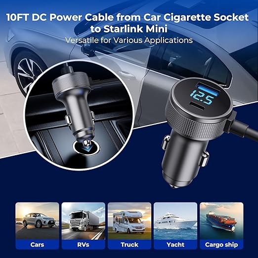Starlink Mini Cable, 3 in 1 Starlink Mini Car Charger DC Power Cable+ Cigarette Lighter Adapter 12V-48V with Digital Display, Durable USB C PD 40W and USB A 35W Ports for Trucks and Cars (10FT)