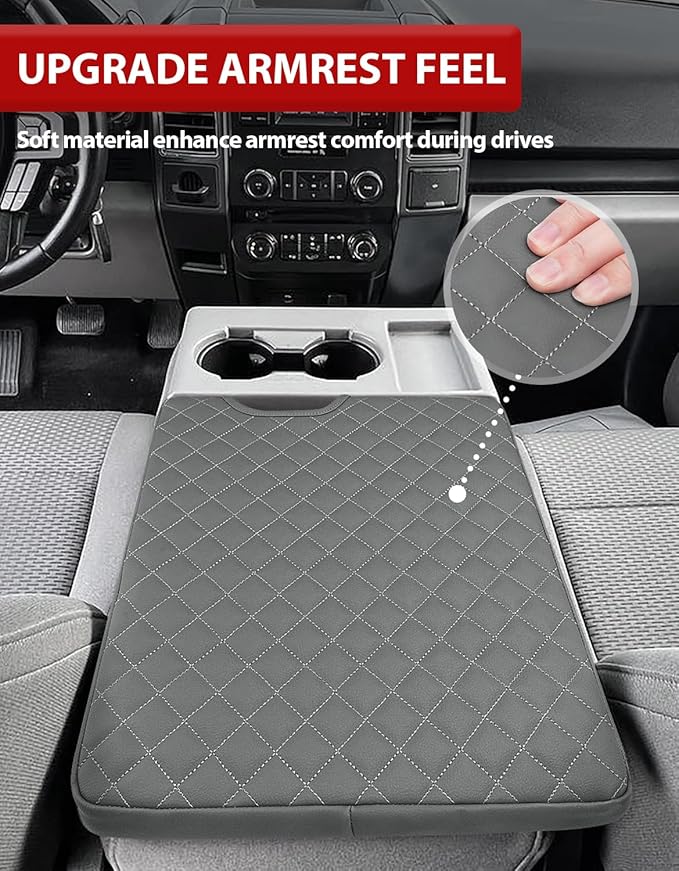 KBH Center Console Armrest Cover for 2015-2025 Ford F150, 2017-2025 F250 F350-F550, with 40/20/40 Jump Seat, Middle Console Protector, Vinyl Leather Interior Accessories, Anti-Scratch, Gray
