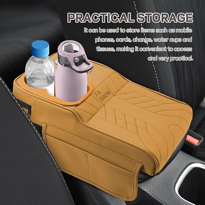 Car Center Console Armrest Pillow, 13.4"×7.5"×2" Leather Auto Arm Rest Cover with Pocket & Tissue Box & Cup Holder, Multifunctional Vehicle Armrest Cushion Pad, Car Accessories (Yellow)