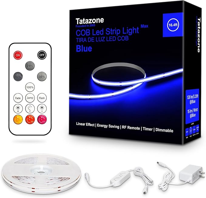 Tatazone 16.4ft Blue COB Led Strip Lights with RF Remote, Dimmable Bright Adhesive Indoor Led COB Light Strip for Cabinet, Paintings, Room, Bed
