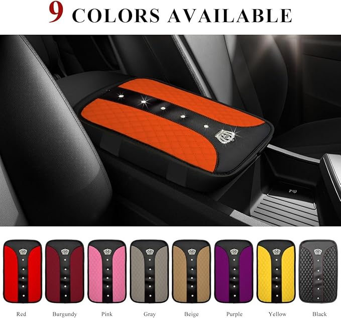 Bling Leather Car Center Console Cover, Anti-Slip Crown Armrest Seat Box Cushion Pad with Rhinestones, Waterproof Crystal Arm Rest Protector Interior Decor for Most Vehicles (Orange)