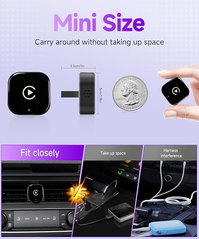 2 in 1 Mini Wireless CarPlay Adapter for iPhone, Apple Carplay Android Auto Adapter, Bluetooth 5.0 Carplay Dongle, Plug & Play, 5G-WiFi (Black)