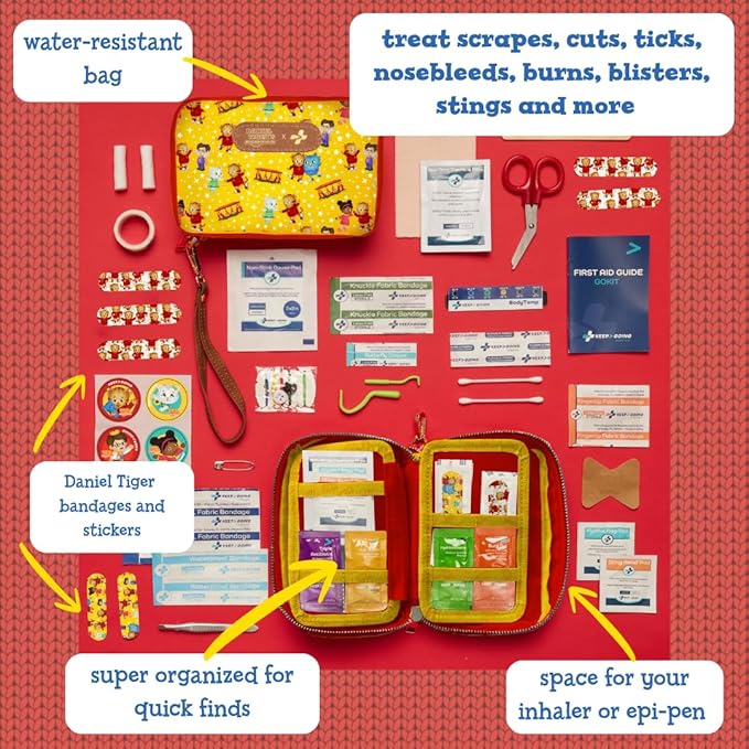 KeepGoing Daniel Tiger’s Travel First Aid Kit for Kids – 130 Pc. for Car, Home, Purse, Diaper Bag & Backpack with Latex-Free Bandages - Mini First Aid Kit Travel Size TSA-Approved