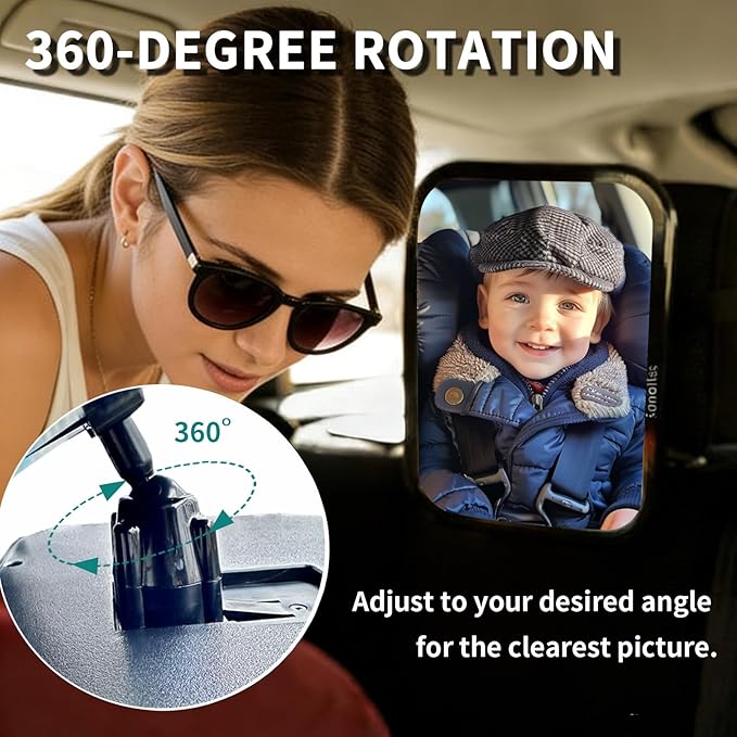 Funbliss Baby Car Mirror for Rear Facing Seat,360° Rotation, Safety Certified Shatterproof Acrylic Glass, Clear Wide View,Infant Mirror for Car Seat Rear Facing