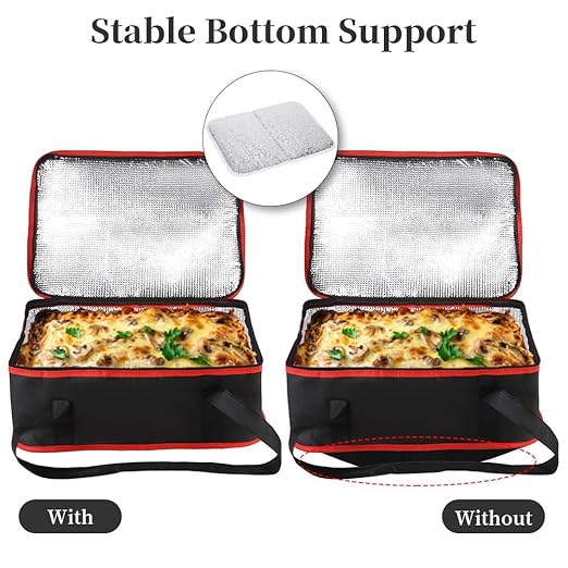 Bodaon Insulated Casserole Carrier for Hot or Cold Food, Fits 9"x13" and 11"x15" Baking Dish with Lid, Insulated Carriers for Transport, Travel Food Warmer Container Bags (Single Decker, Black-Red)