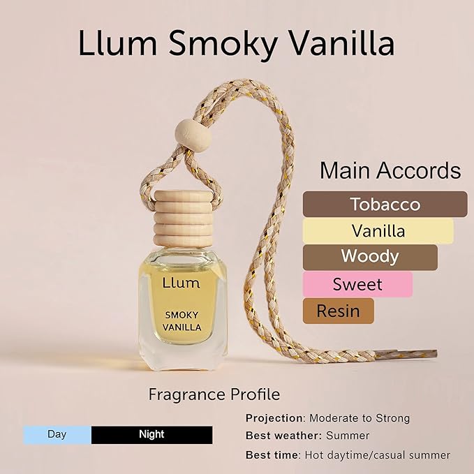 Llum Smoky Vanilla Hanging Car Air Freshener – Luxury Automotive Perfume Diffuser 10ml (0.34 fl oz), Long-Lasting Fragrance, Alcohol-Free Non-Toxic Car Scent, Glass Bottle With Wood Cap