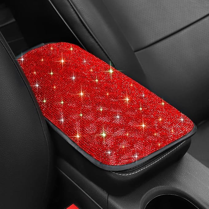 SAVORI Bling Car Armrest Cover Diamond Rhinestone Auto Center Console Cover Protector Arm Rest Cushion Pads Universal Bling Car Accessories for Women Girl Cute Vehicle Interior Decor (Red)