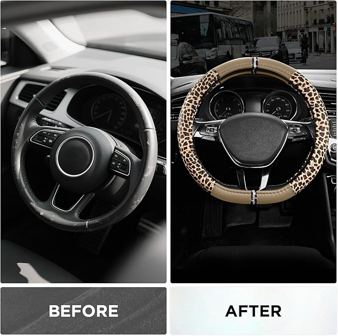 Road Comforts Leopard Steering Wheel Cover - Made with PVC Leather Cheetah Print, D-Shaped Automotive Steering Wheels - Anti-Slip, Universal Fit 14 1/2 inches to 15 inches - Beige