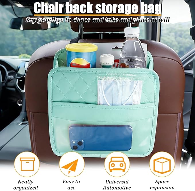 Car Seat Back Organizer, Leather Multipurpose Automotive Hanging Storage Bag Pockets, Vehicle Interior Backseat Trash Bag Can Organizer Accessories, Universal for Most Cars (Green)