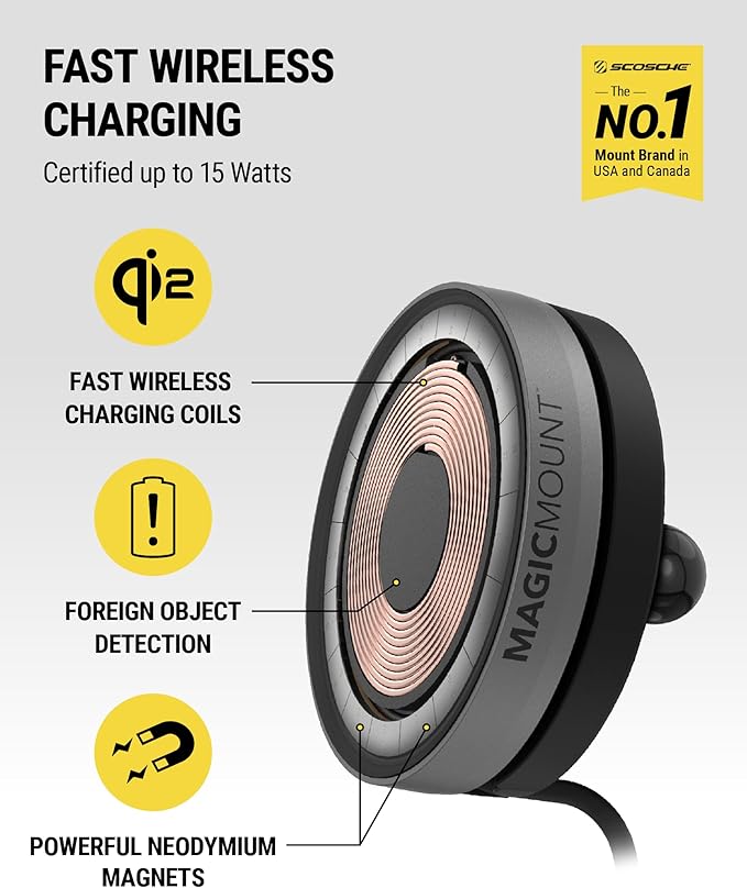 Scosche Qi2 MagSafe Car Mount, 15W Wireless Charging Suction Cup Phone Mount, Magnetic Windshield/Dashboard Cell Phone Holder with Fast USB-C Car Charger Compatible with iPhone 16/15/14/13/12, S25