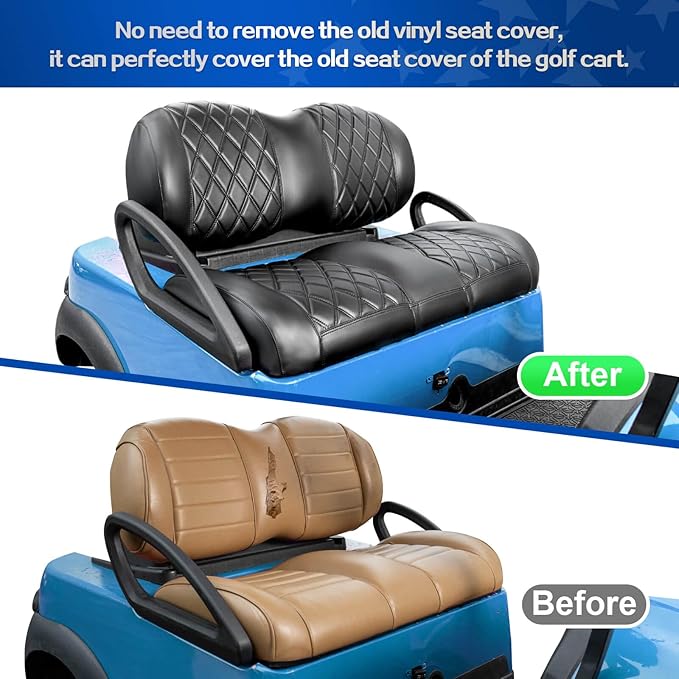 NOKINS Golf Cart P-P Diamond Leather seat Cover for it Club Car Precedent/Tempo/Onward Premium,No Stapler Required, Golf Cart Vinyl Replacement Seat Cover.Black