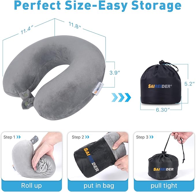 SAIREIDER Airplane Pillow 100% Memory Foam Neck Pillow for Airplanes Flight Rest Best Adjustable Travel Neck Support Pillows-Prevent The Heads from Falling Forward (Grey)