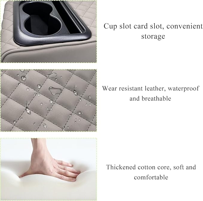 Car Center Console Armrest Pillow, Leather Auto Arm Rest Cover Protector with Cup Holder and Phone Holder, Memory Foam Armrest Cushion for Most Vehicles (Gray, Diamond Pattern)