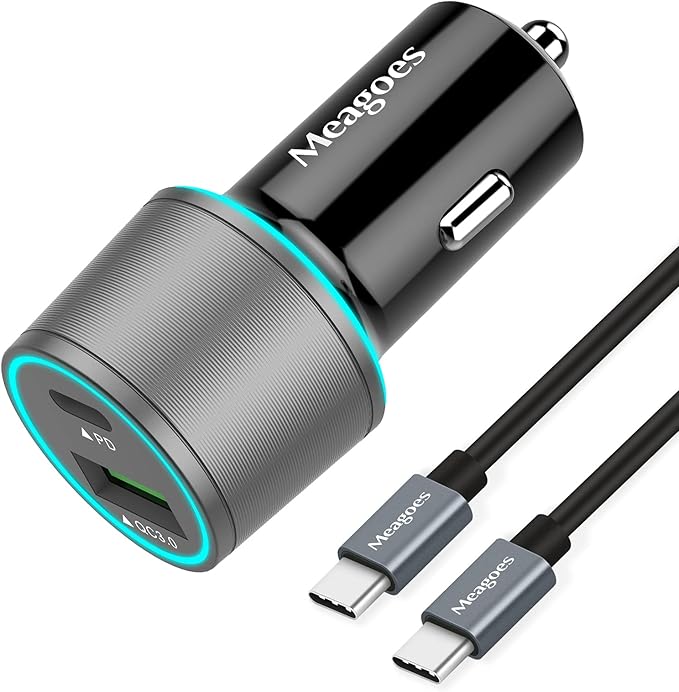 67.5W Gray Car Charger USB C Super Fast Charging, 45W USBC&QC3.0 Port Plug for iPhone 17 Pro Max/Air/16/15/iPad, Samsung S26 Android Cell Phone, Dual 12V Cigarette Lighter Adapter+3.3 ft Type C Cable