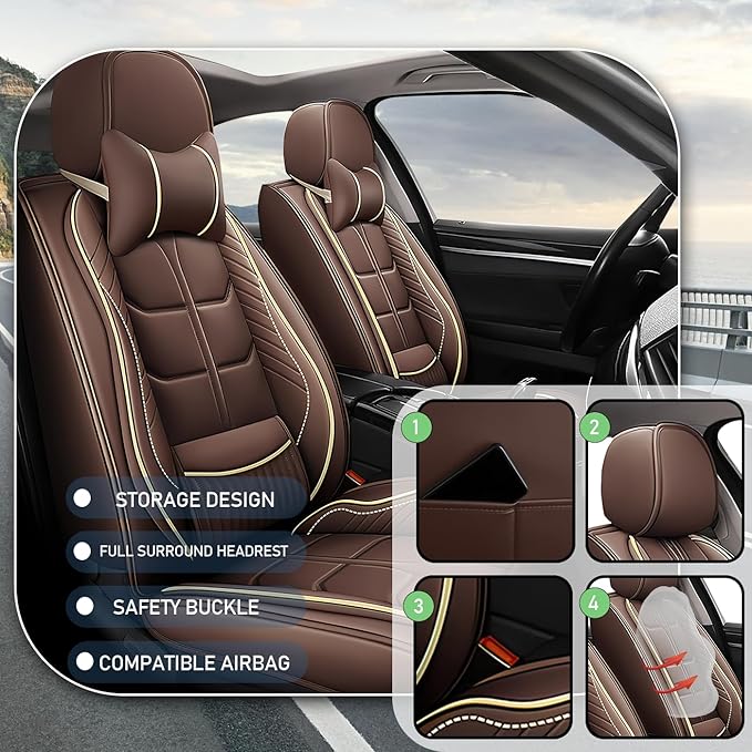 Leather Car Seat Covers Fit for Toyota Sienna 1997-2024, 5 Seater Car Seat Cover, Premium Waterproof, Scratch Resistant Car Interior Accessories (Full Set with Pillow Coffee)