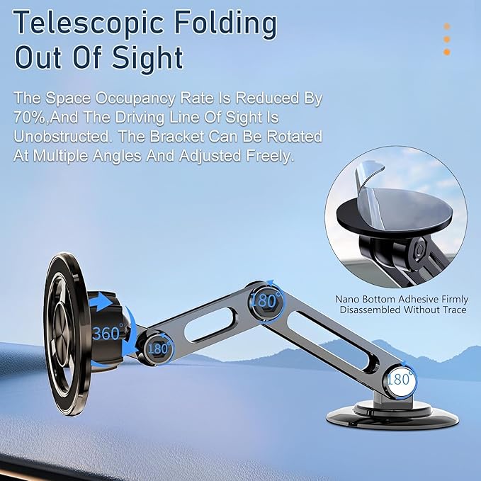 Universal 360° PRO Magnetic Suction Phone Holder Car,Alloy Folding Magnetic Cell Phone Holder for Car [Super Strong Magnet] Bracket Magnetic Dashboard Phone Car Mount for All Smartphone (Silver)