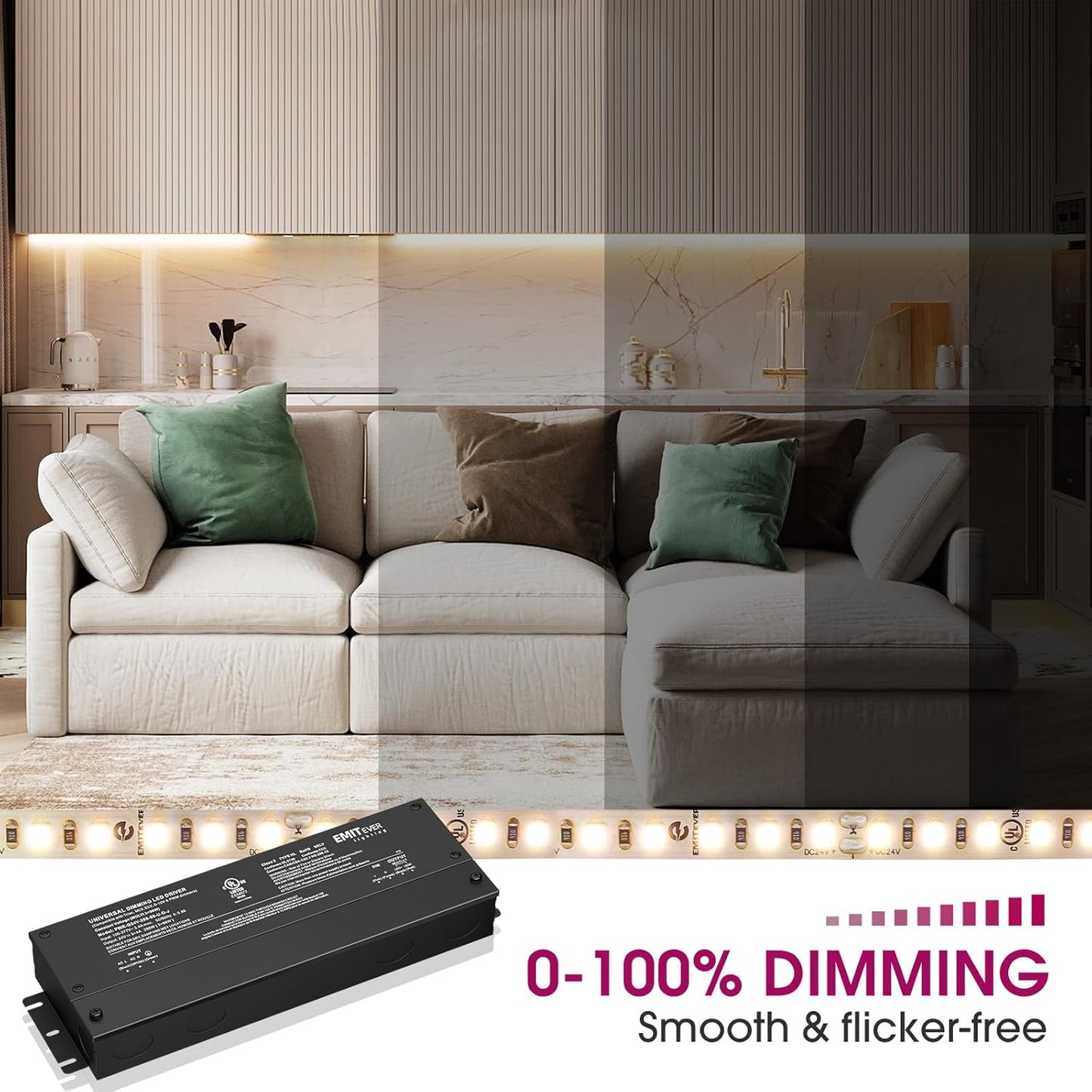 EMITEVER 288W Dimmable LED Driver, 24V 5-in-1 Dimmable Power Supply,3-Channels AC to DC Transformer for LED Light, Compatible with Lutron and Leviton Dimmer, Waterproof IP67 and UL Listed, Class 2