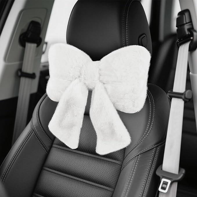 Furry Bow Car Headrest Pillow,Soft & Comfortable Car Neck Pillow for Cars Decorations & Fatigue Relief,Universal Head Rest Pillows for Cars Interior Accessories for Trucks,SUVs (White)