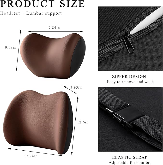 Car Headrest & Lumbar Support Cushion, Ergonomic Memory Foam Car Neck Back Support w/Removable Cover, Universal Breathable Lumbar Cushion Headrest Pillow with Adjusatble Strap (Coffee)
