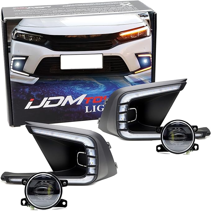 iJDMTOY Fog Bezel Replace Switchback LED Daytime Running Light Kit w/White OE-Spec LED Fog Lights Compatible with 2022-2024 Honda Civic Sedan