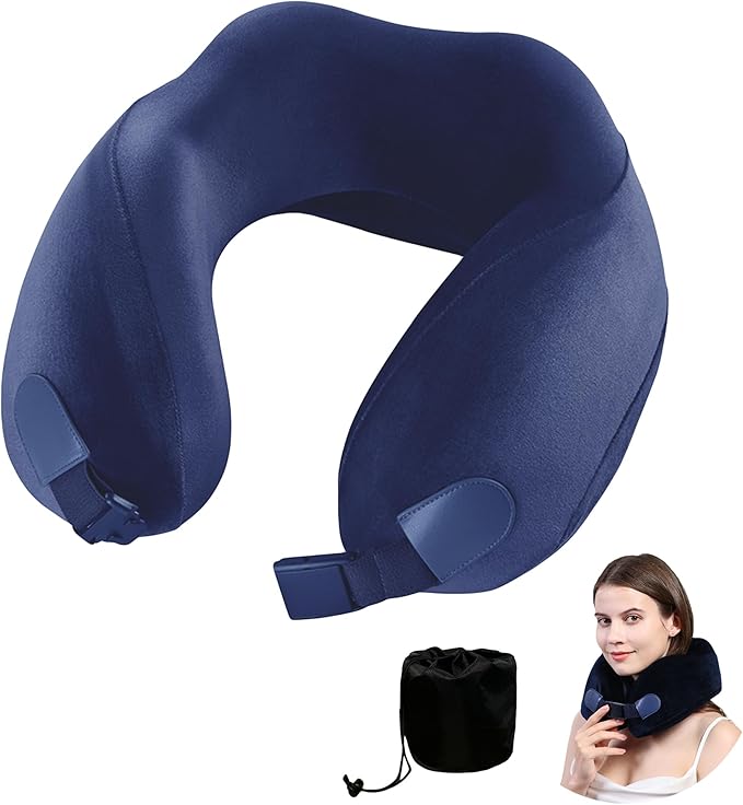 Neck Pillow for Airplane Travel Memory Foam - 360° Support for Long Flights & Car/Office Use, Machine Washable Pain Relief Pillow with Breathable Cover (Gemstone Blue)