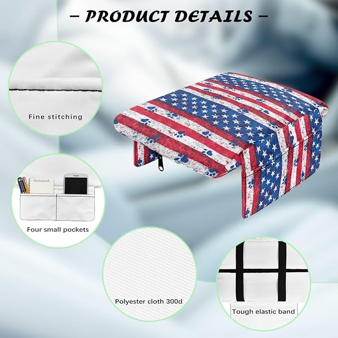 Car Center Console Cushion with Side Storage Bag, American Paw Easy Install Car Interior Accessories, Universal Armrest Cover Protector Arm Rest Pad for Car Seat Box