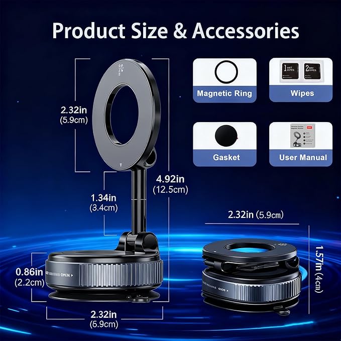 Vacuum Magnetic Car Phone Holder for Your Car, 360° Adjustable Car Phone Mount, Foldable Car Mount, for Magsafe Dashboard Car Bracket Stand for iPhone & Android