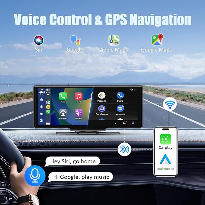 Wireless Apple Carplay Screen for Car,11.26" Portable Car Play & Android Auto Touch Screen, Upgraded Car Stereo with 4K Dash Cam,Backup Camera/Mirror Link/Voice Control/GPS/AUX/FM for All Vehicles