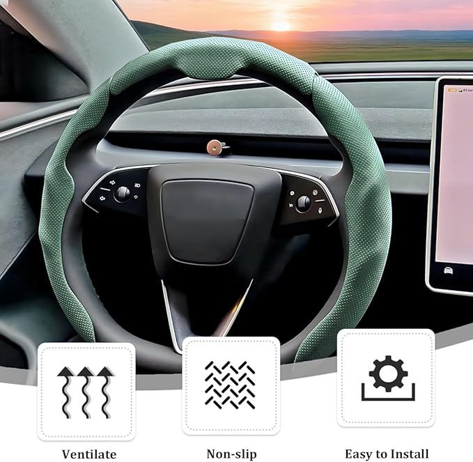 3PCS Car Steering Wheel Cover, Nappa Leather Breathable Non-Slip Segmented Steering Wheel Protector, Snap-on Auto Interior Decoration Accessories, Universal Fit (Green)
