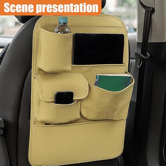 Car Backseat Organizer, Leather Auto Seat Back Kick Mats Protector, Multi-Pocket Car Rear Seat Hanging Storage Bag with Tissue Holder, Travel Accessories for Most Cars SUV Truck (Beige)