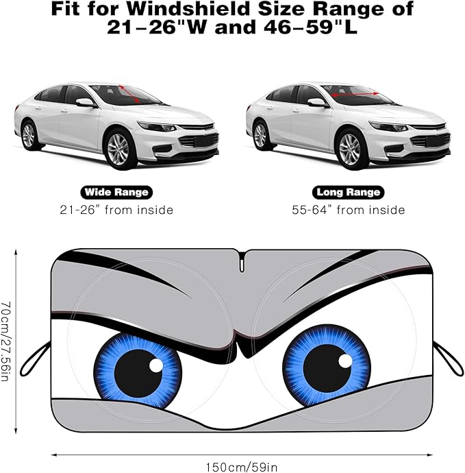 Car Windshield Sun Shade, Funny Eyes Sun Visor, Wear-Resistant Black Tape, Foldable 59‘’x27.5‘’/63''x31.5''