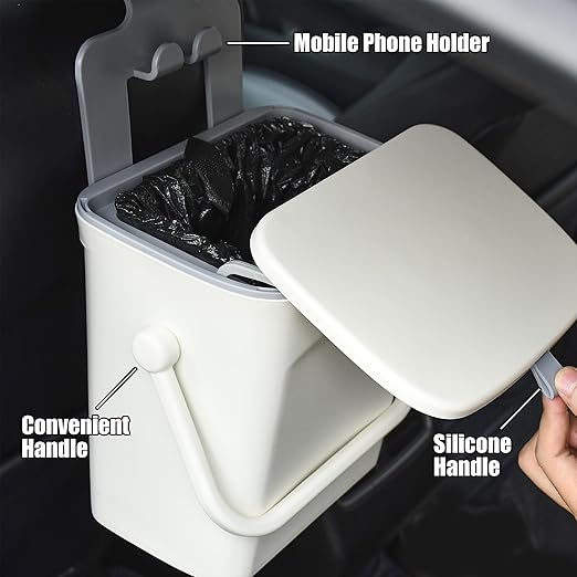 Leakproof Car Trash Can, Mini Hanging Garbage Can with Lid, Vehicle Trash Bin for Back Seat Car Garbage Bin for Sedans, SUVs, MPVs & Trucks (White)