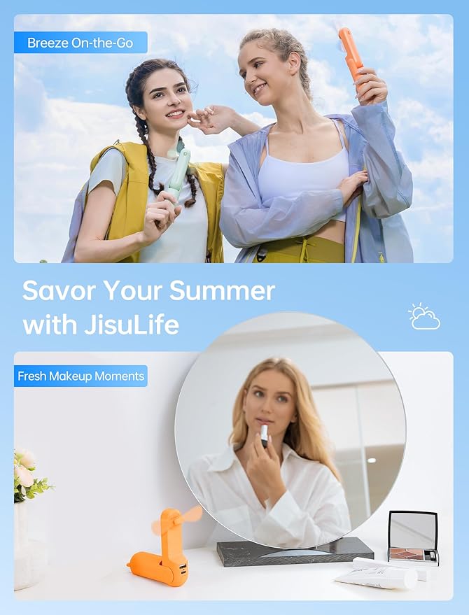 JISULIFE 3 IN 1 Handheld Mini Fan - Portable Fan & Power Bank & Flashlight, 19H Max Cooling, USB Rechargeable, Pocket-Sized for Travel, Cruise, Concerts, Makeup, Summer Gifts for Women(Tropical Coral)