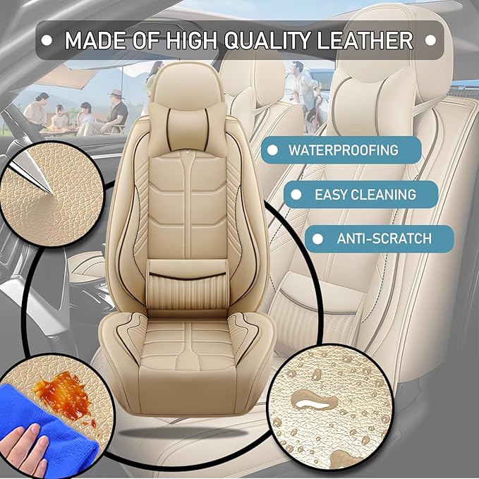 Leather Car Seat Covers Fit for Toyota Matrix 2003-2013, 5 Seater Car Seat Cover, Premium Waterproof, Scratch Resistant Car Interior Accessories (Full Set with Pillow Beige)