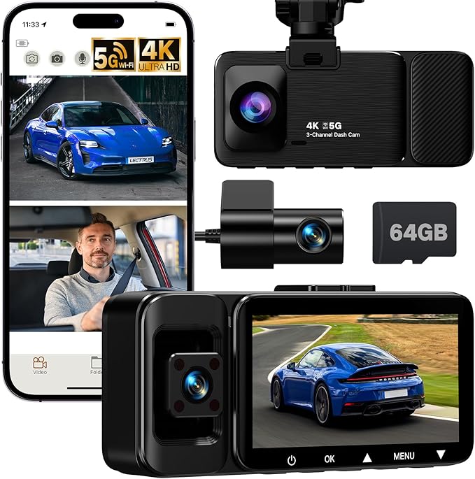 4K Dash Cam Front and Rear Inside, 3-Channel Cars Camera Dash with 170° Wide Angle, Free 64GB SD Card, 5.8GHz WiFi, Night Vision, G-Sensor, Loop Recording, Parking Monitor, USB C, Max 256GB