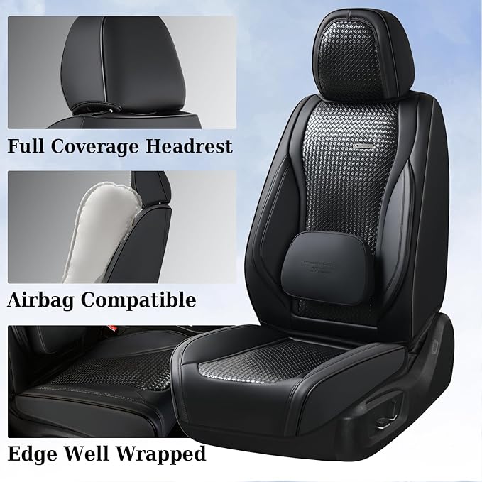 Coverado Seat Covers, Car Seat Covers Front Seats, Waterproof Nappa Leather Auto Seat Cover with Lumbar Head Pillow, Black Seat Covers Carseat Cover Universal Fit for Most Cars