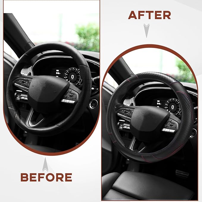15" Car Steering Wheel Cover, Carbon Fiber Leather Stitching Elastic Steering Wheel Protector, Anti-Slip/Breathable/Durable/Soft, Interior Accessories for Most Cars (Carbon Fiber Black+Black)